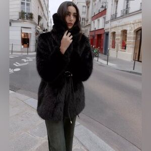 Zara spectacular black faux fur coat includes gold buckle & leather belt NWT🌹